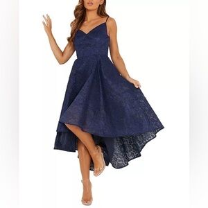QUIZ Lace High Low Cocktail Party Dress in Midnight Blue Size Medium